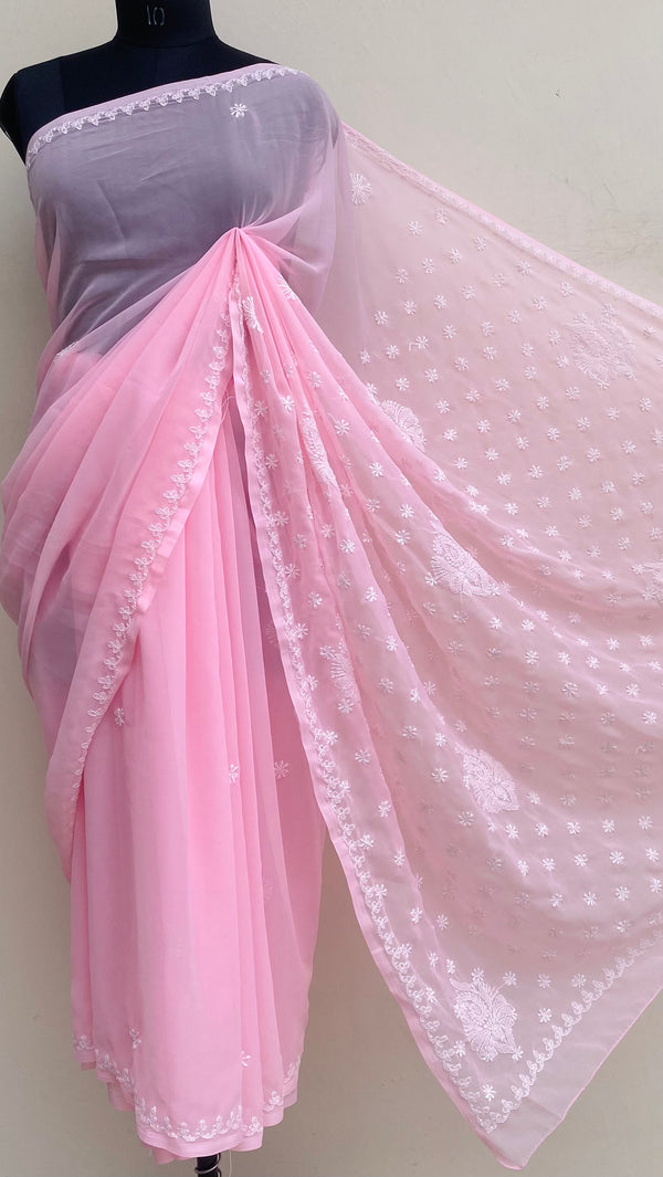 Lucknowi Chikankari Saree Pink Georgette