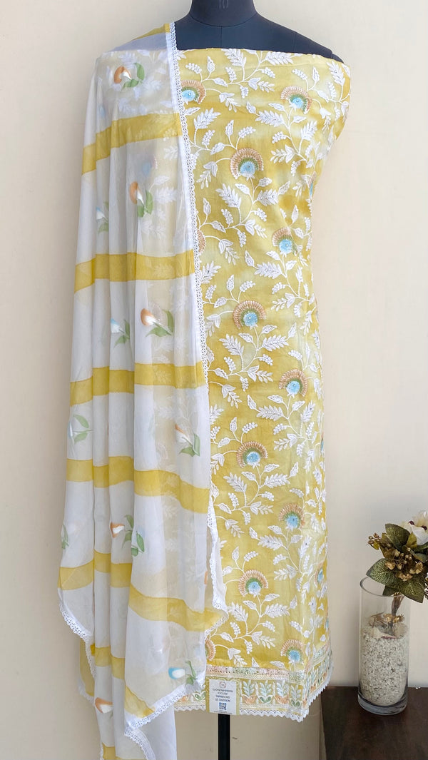 Designer Embroidered Suit Length 3 Piece Yellow Organza