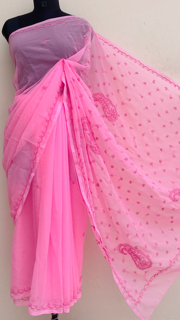 Lucknowi Chikankari Saree Pink Georgette