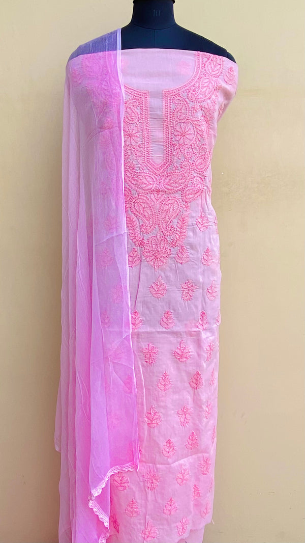 Lucknowi Chikankari Suit Length 3 Piece Pink Cotton