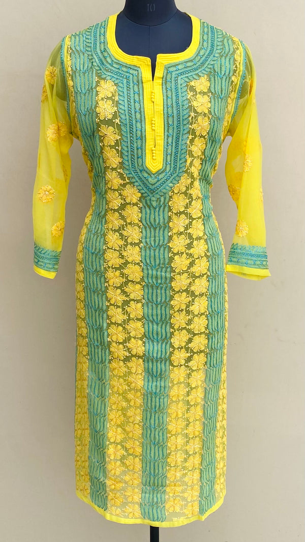 Lucknowi Chikankari Kurti Yellow Georgette With Resham Work