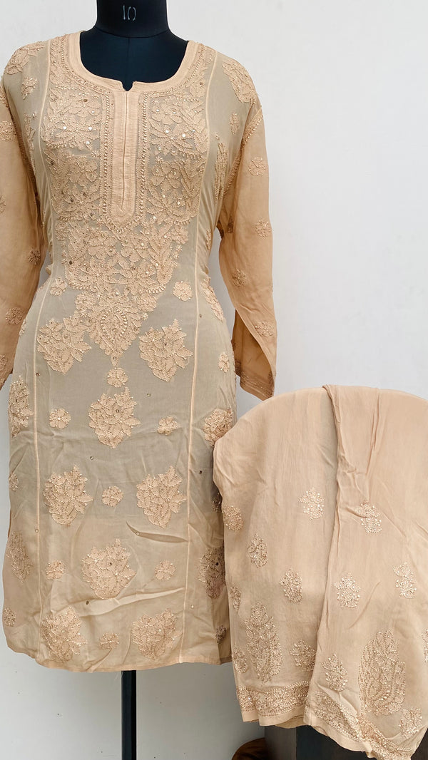 Lucknowi Chikankari Co-ord Set Brown Pure Georgette With  Resham & Mukaish Work