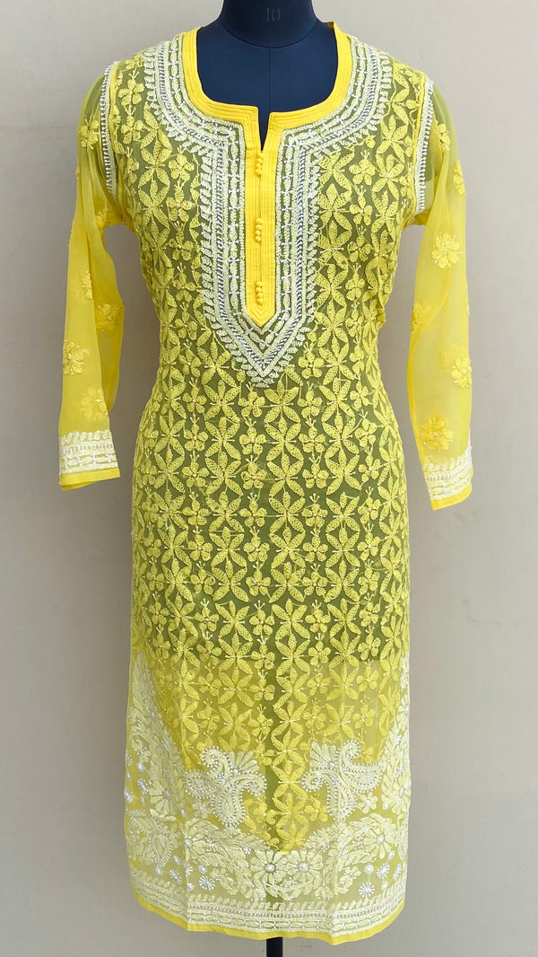 Lucknowi Chikankari Kurti Yellow Georgette With Resham Work