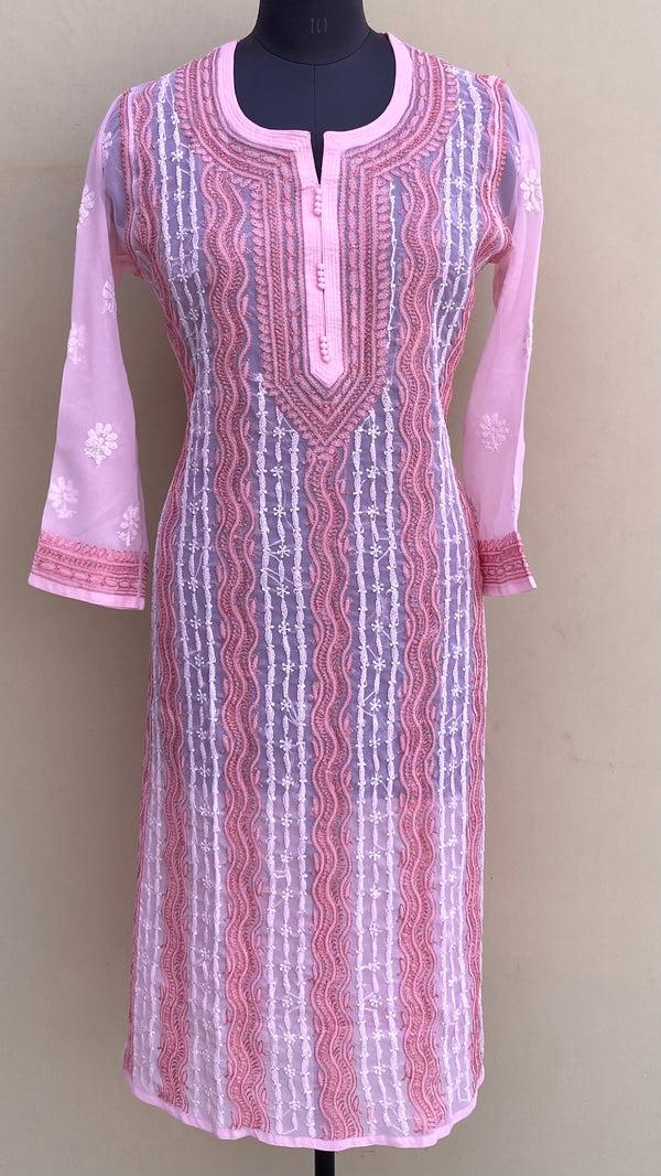 Lucknowi Chikankari Kurti Rose Pink Georgette With Resham Work