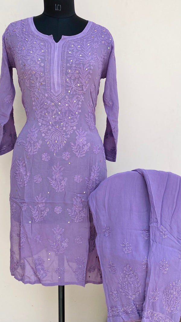 Lucknowi Chikankari Co-ord Set Purple Pure Georgette With Resham & Mukaish Work
