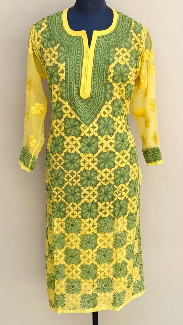 Lucknowi Chikankari Kurti Yellow Georgette With Resham Work