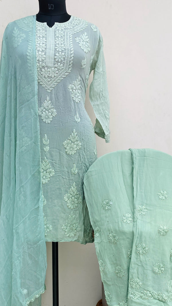 Lucknowi Chikankari Ombre Co-ord Set Green Pure Georgette With Self 3D & Mukaish Work