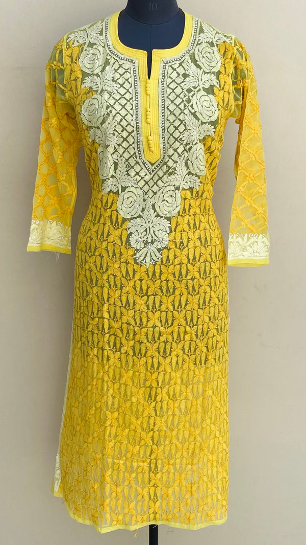 Lucknowi Chikankari Kurti Yellow Georgette With Resham Work