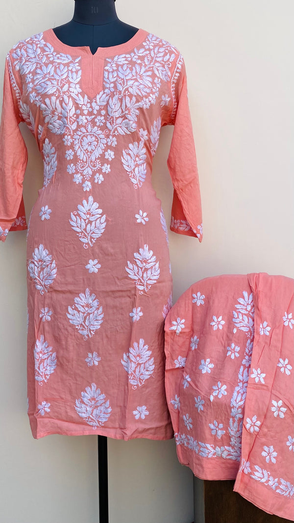 Lucknowi Chikankari Co-ord Set Peach Modal Cotton