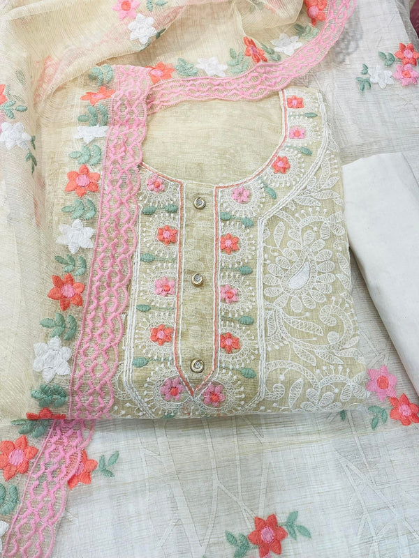 Designer Embroidered Suit Length 3 Piece Beige Kota With Parsi Work