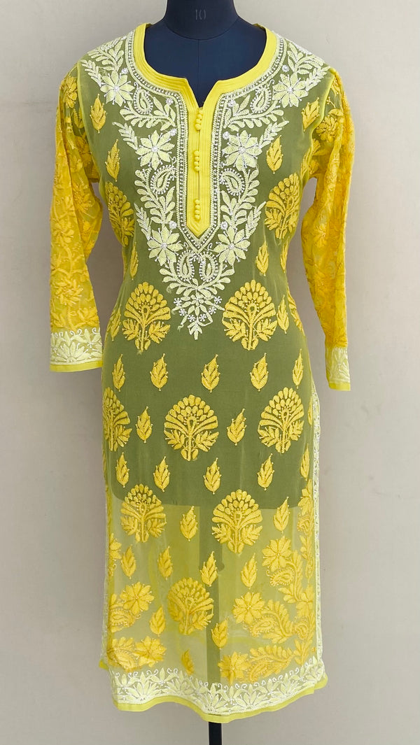 Lucknowi Chikankari Kurti Yellow Georgette With Resham Work