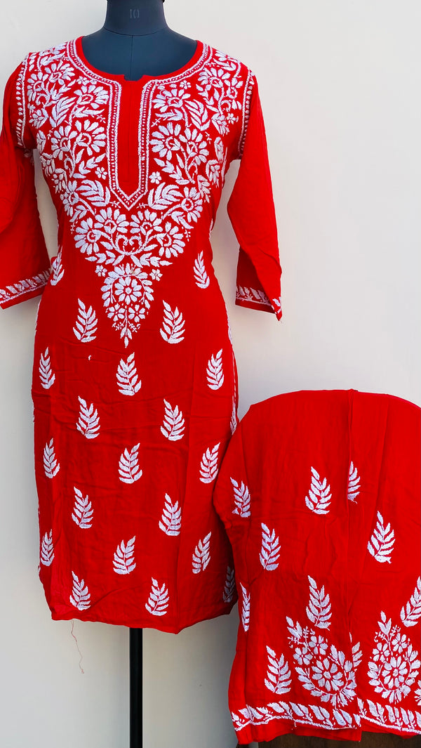 Lucknowi Chikankari Co-ord Set Red Modal Cotton