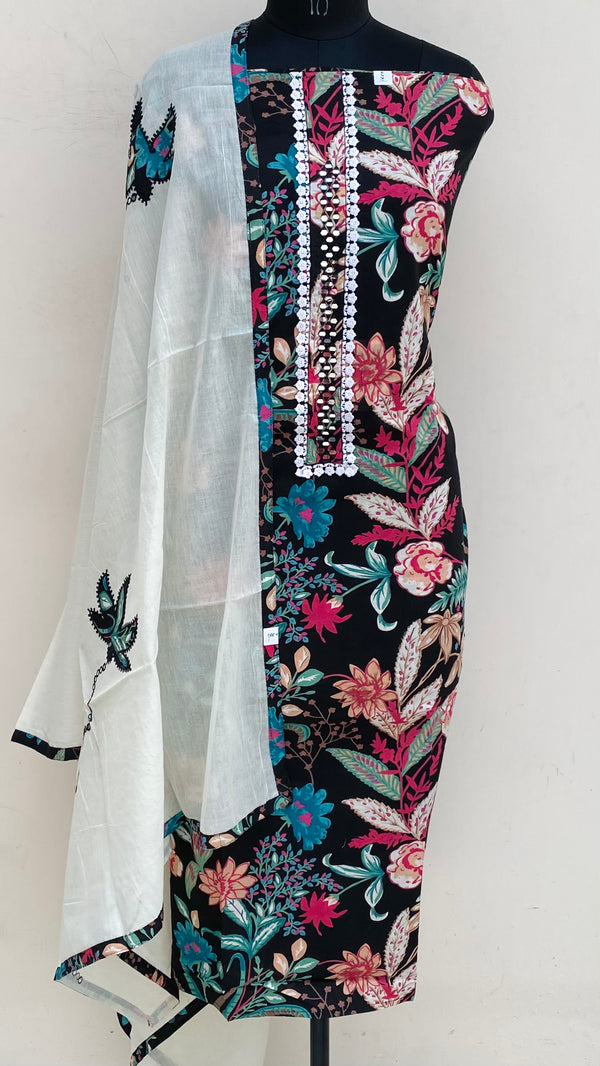 Designer Embroidered Suit Length 3 Piece Black Mal Cotton With Mirror Work