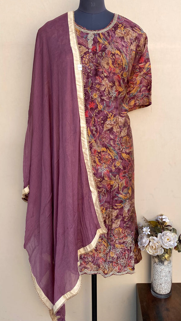 Designer Embroidered Suit Length 3 Piece Maroon Muslin Cotton