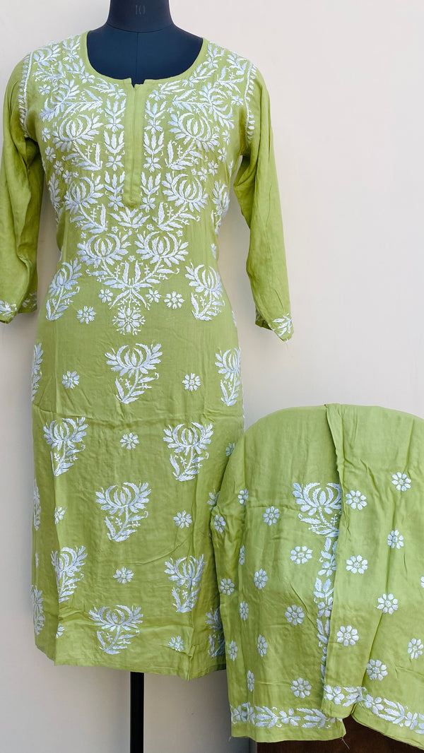 Lucknowi Chikankari Co-ord Set Parrot Green Modal Cotton