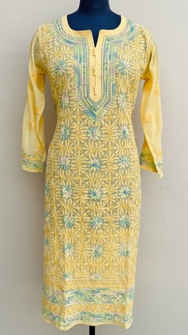 Lucknowi Chikankari Kurti Yellow Georgette With Resham Work