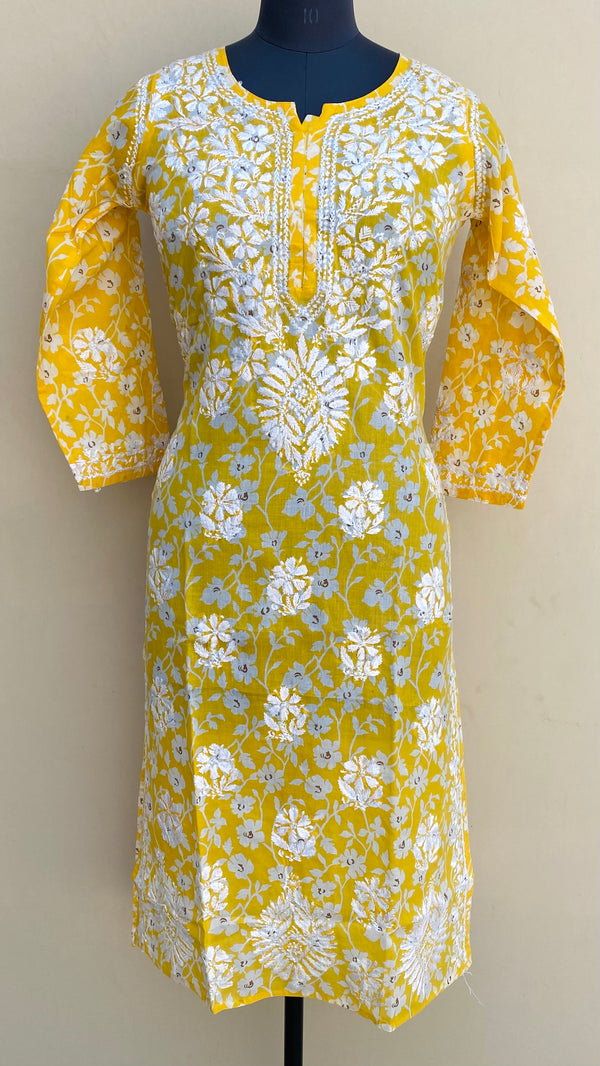 Lucknowi Chikankari Printed Kurti Yellow Cotton