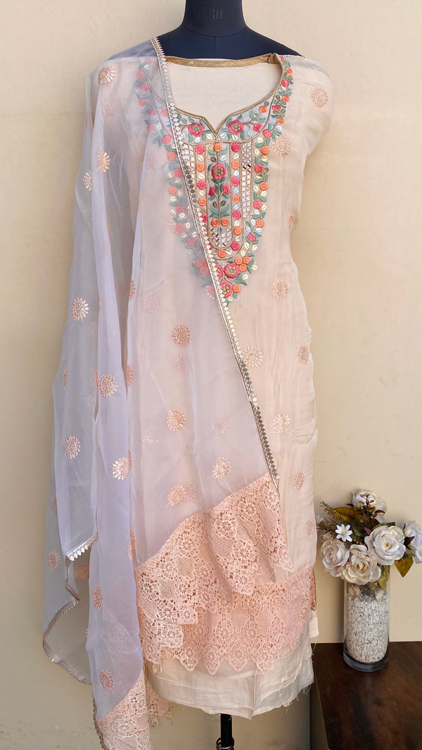 Designer Embroidered Suit Length 3 Piece Peach Organza