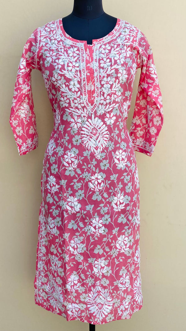 Lucknowi Chikankari Printed Kurti Pink Cotton