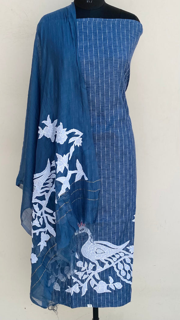 Designer Embroidered Suit Length 3 Piece Blue Linen