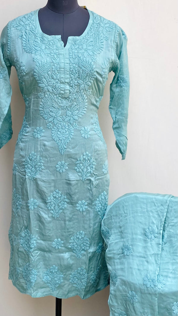 Lucknowi Chikankari Co-ord Set Teal Green Muslin Cotton With Self 3D Work