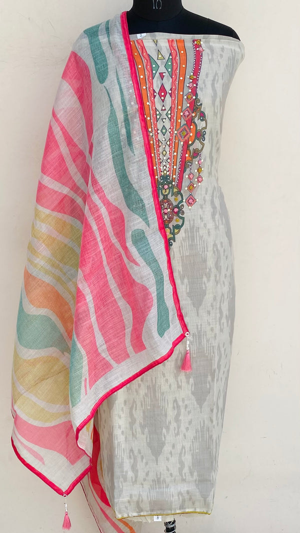 Designer Embroidered Suit Length 3 Piece Gray Linen With Sequence & Pearl Work