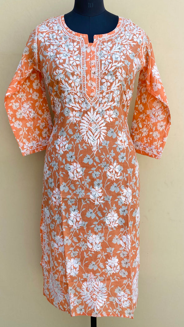 Lucknowi Chikankari Printed Kurti Peach Cotton