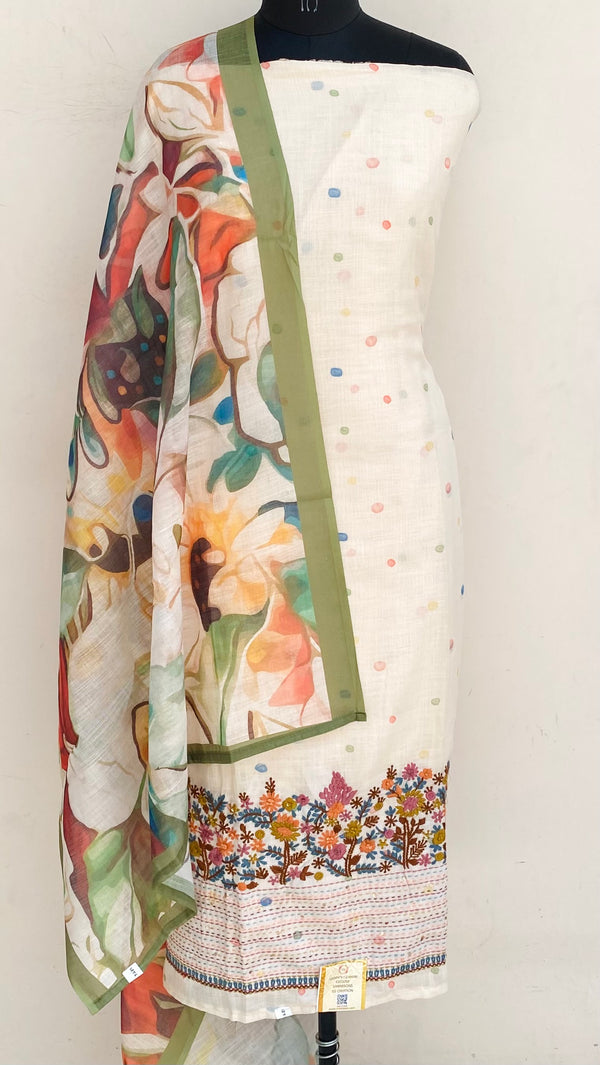 Designer Embroidered Suit Length 3 Piece Cream Linen With Sequence Work