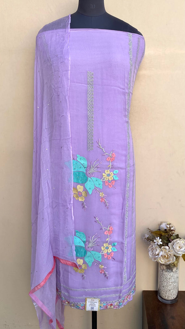 Designer Embroidered Suit Length 3 Piece Purple Organza