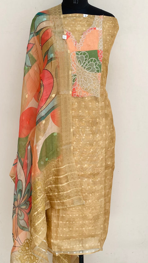 Designer Embroidered Suit Length 3 Piece Beige Linen With Sequence Work