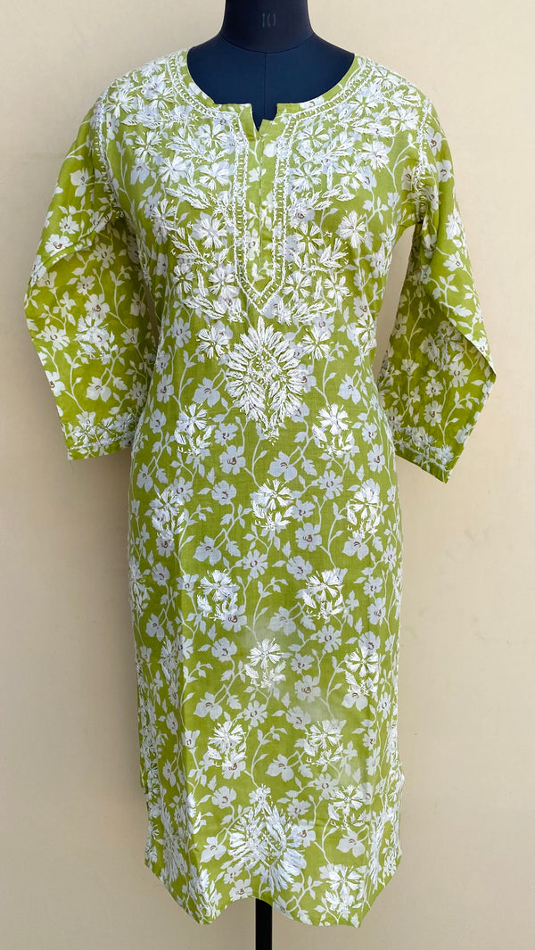 Lucknowi Chikankari Printed Kurti Green Mulmul Cotton