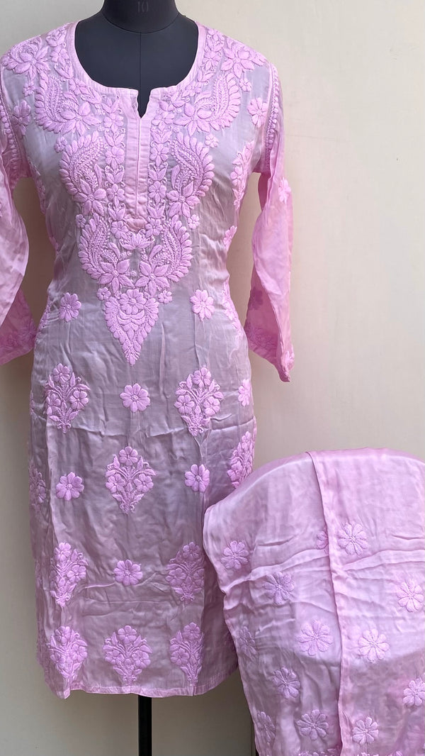 Lucknowi Chikankari Co-ord Set Pink Muslin Cotton With Self 3D Work