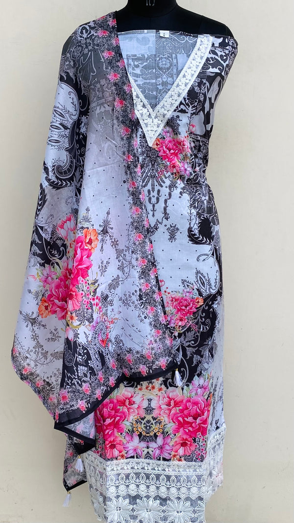 Designer Embroidered Suit Length 3 Piece Black Muslin Cotton