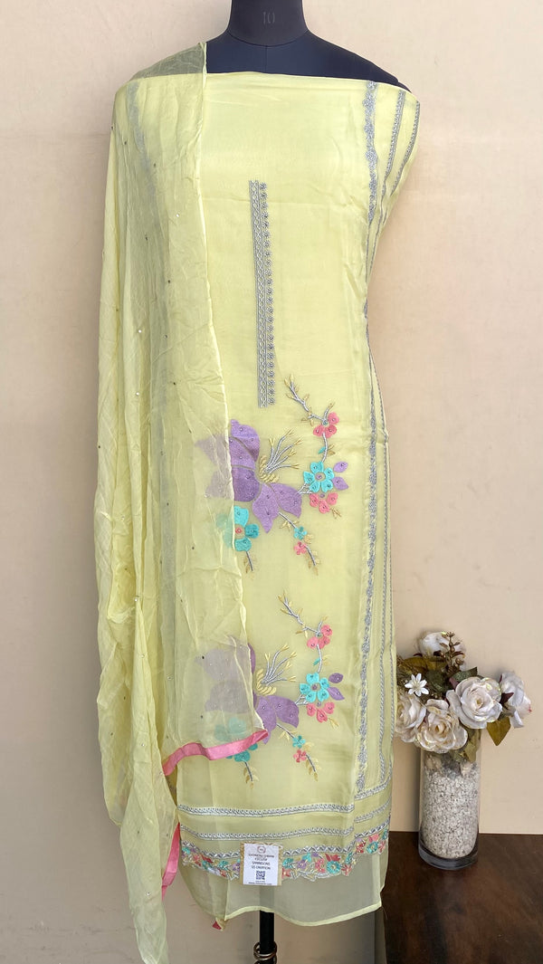 Designer Embroidered Suit Length 3 Piece Lemon Yellow Organza