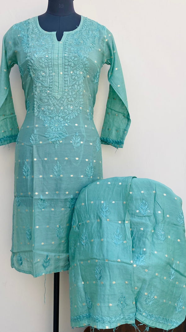 Lucknowi Chikankari Co-ord Set Green Mal Chanderi With Self Work