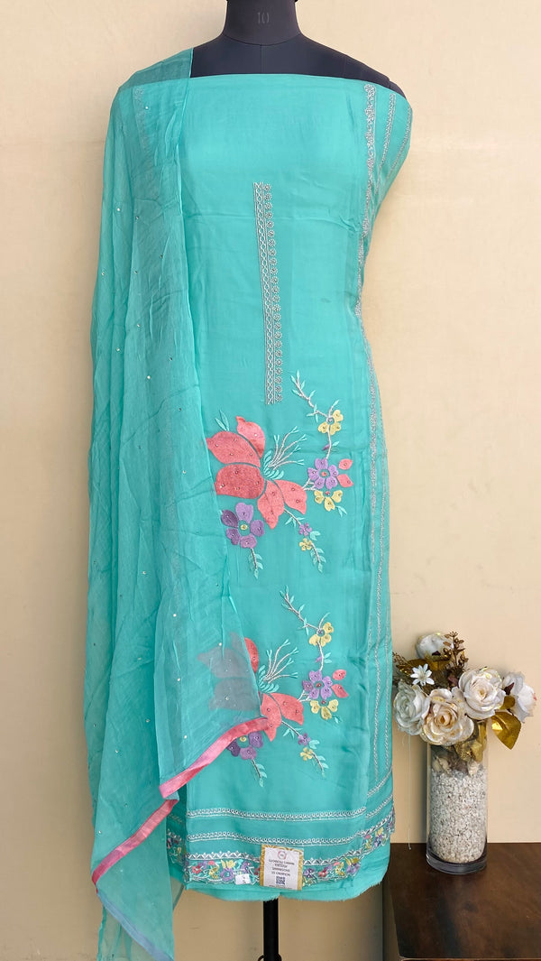 Designer Embroidered Suit Length 3 Piece Sea Green Organza