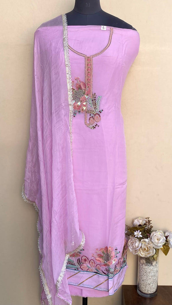 Designer Embroidered Suit Length 3 Piece Pink Organza With Pearl & Cutdana Work