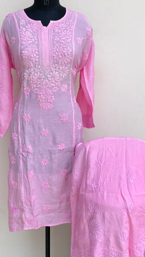 Lucknowi Chikankari Co-ord Set Pink Muslin Cotton With Self 3D Work