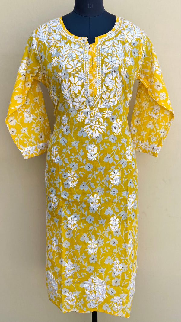 Lucknowi Chikankari Printed Kurti Yellow Cotton