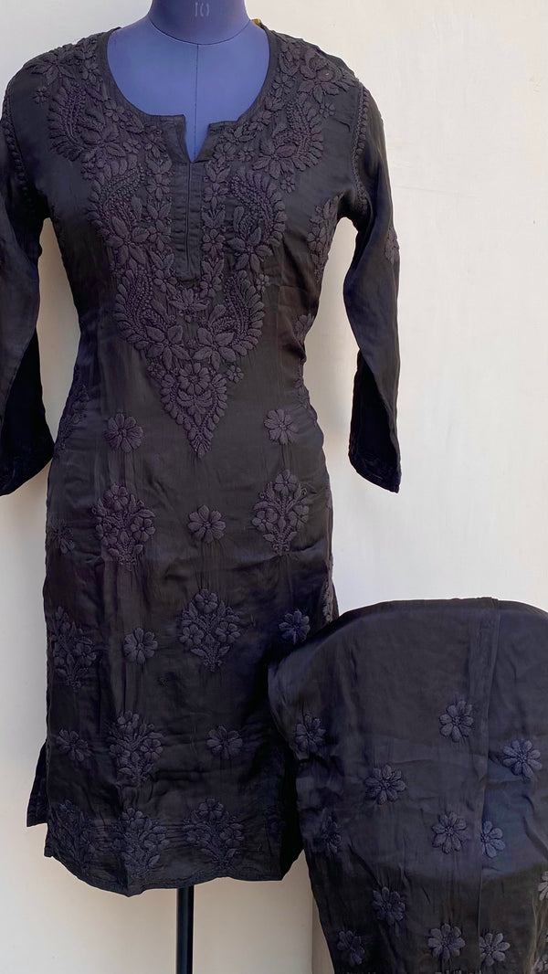 Lucknowi Chikankari Co-ord Set Black Muslin Cotton With Self 3D Work