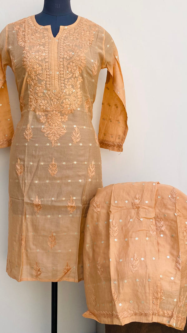 Lucknowi Chikankari Co-ord Set Peach Mal Chanderi With Self Work