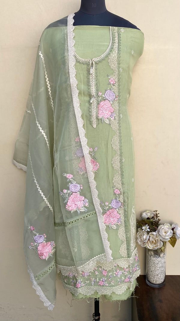 Designer Embroidered Suit Length 3 Piece Pista Green Organza