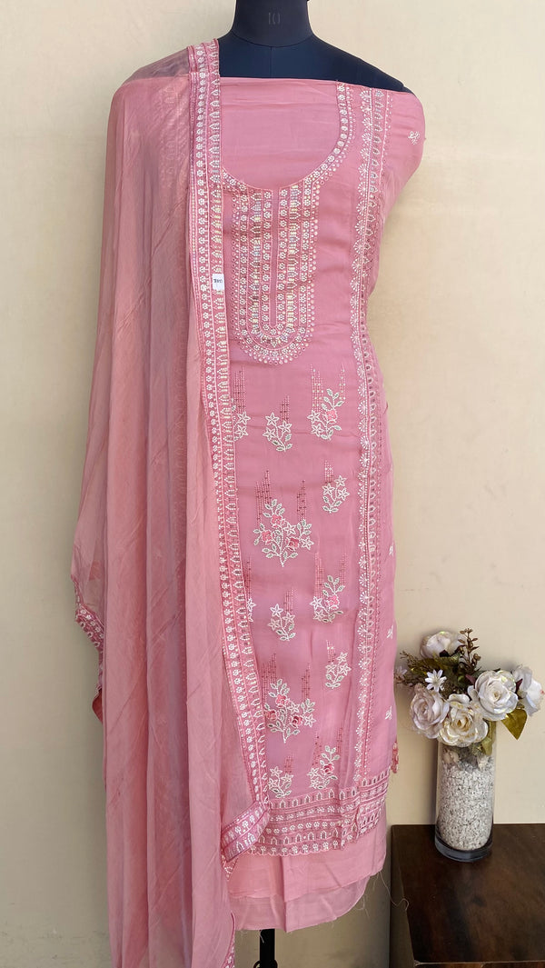 Designer Embroidered Suit Length 3 Piece Pink Organza With Sequence Work