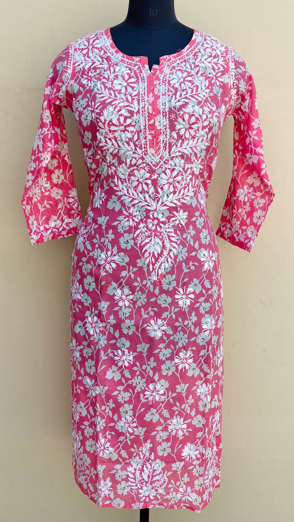Lucknowi Chikankari Printed Kurti Pink Cotton