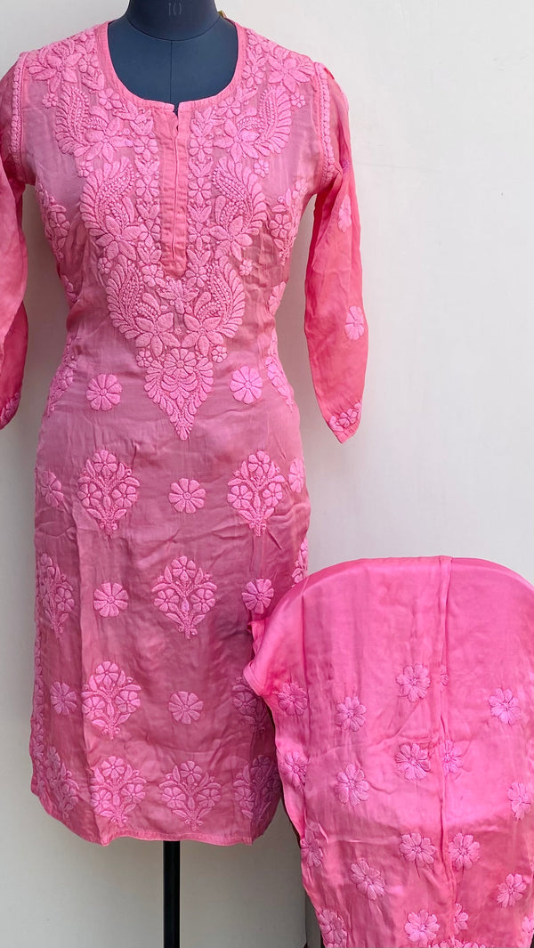 Lucknowi Chikankari Co-ord Set Pink Muslin Cotton With Self 3D Work
