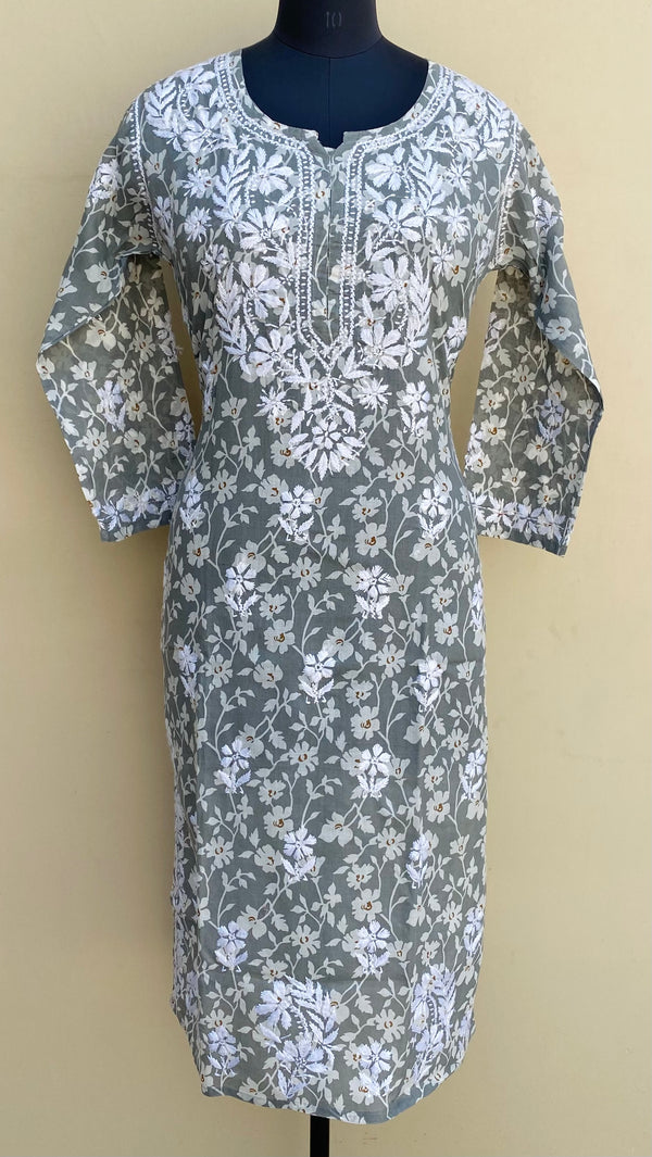 Lucknowi Chikankari Printed Kurti Gray Cotton