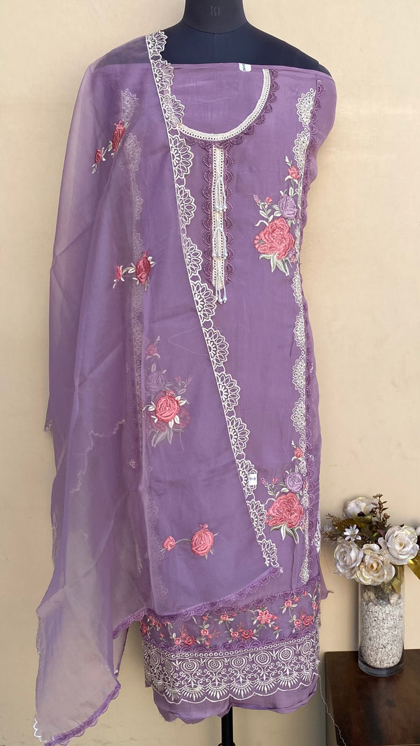 Designer Embroidered Suit Length 3 Piece Lavender Organza