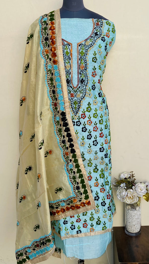 Designer Embroidered Suit Length 3 Piece Sea Green Mal Chanderi With Phulkari Work