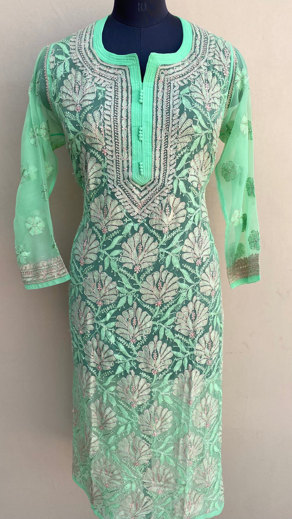 Lucknowi Chikankari Kurti Parrot Green Georgette With Resham Work