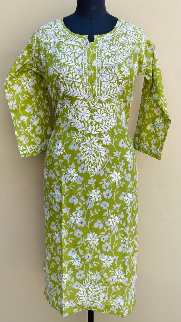 Lucknowi Chikankari Printed Kurti Green Mulmul Cotton